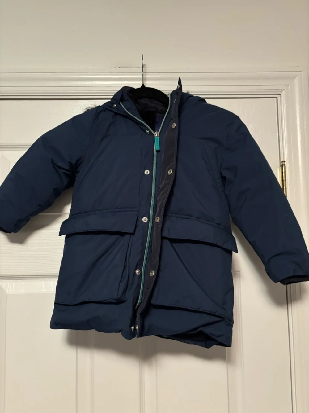Jacadi Paris Boys Long Down Jacket Navy Blue Coat Faux Fur Hood Size 4